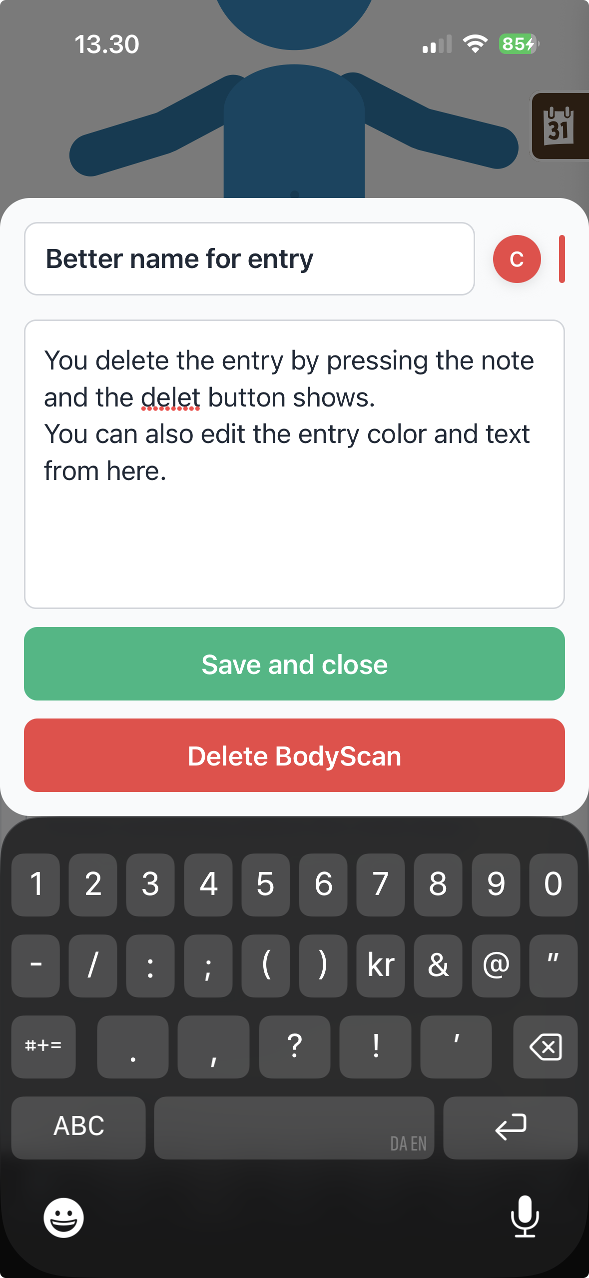 Delete an entry or tag an entry with a color billede 2